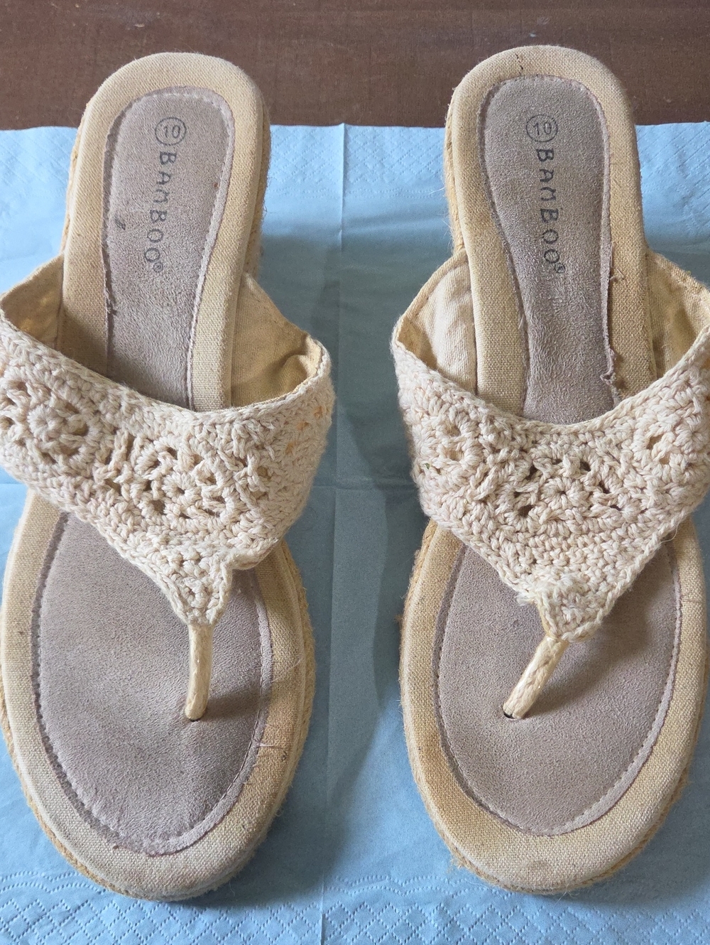 BAMBOO Crochet Thong Sandals in Light Beige